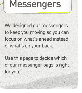 We designed our new messengers to keep you moving. Use this page to decide which of our new messenger bags is right for you.